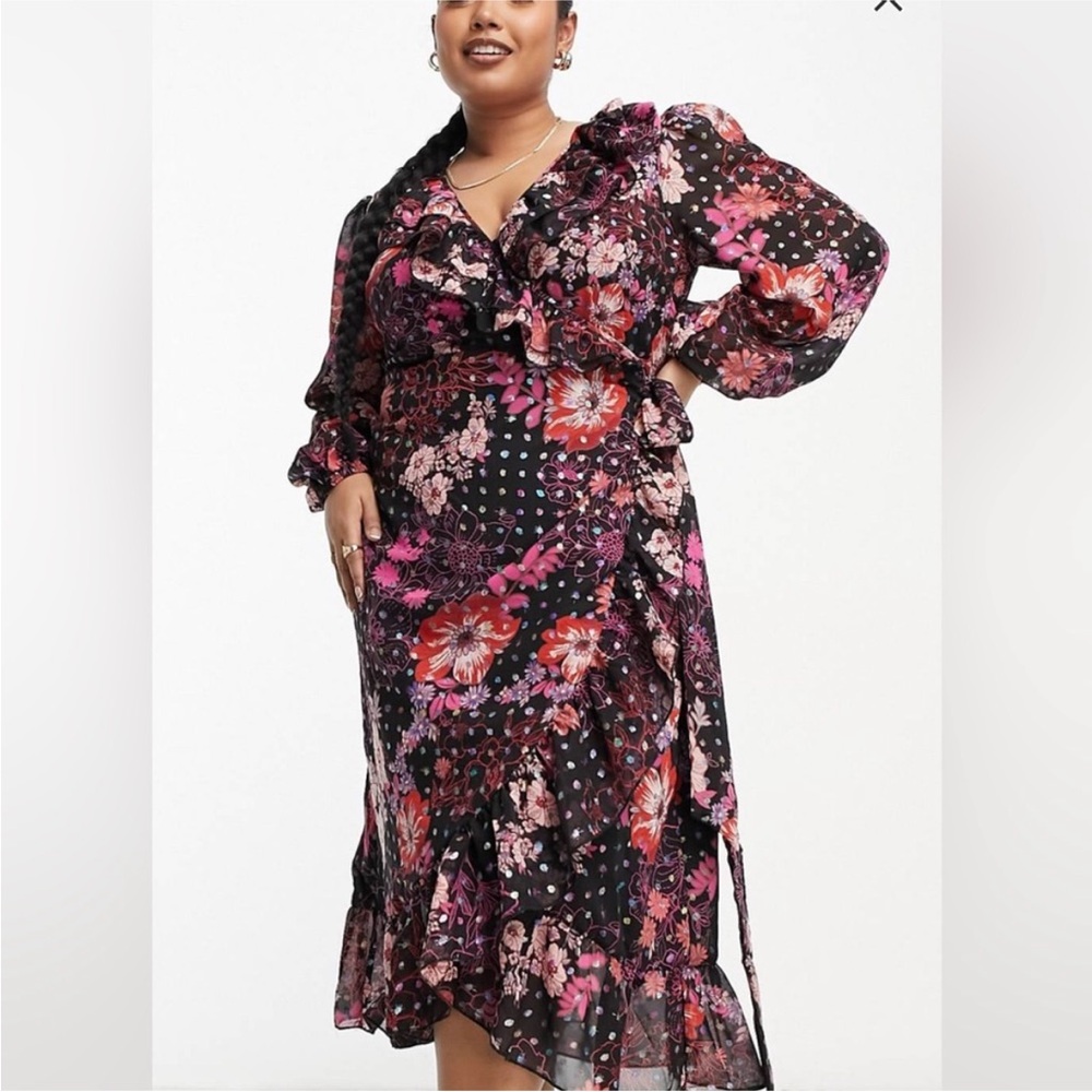 ASOS Floral Midi Dress in Black and Pink